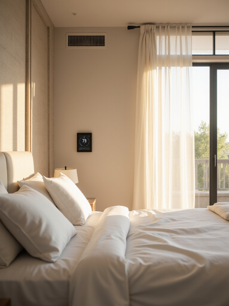 A serene master bedroom showcasing a sleek, modern climate control thermostat integrated into a minimalist wall. The room is filled with soft natural light, plush bedding, and hints of high-quality design, symbolizing optimal temperature and air quality for restful sleep.