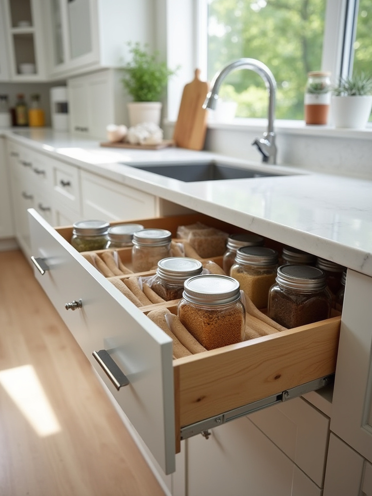 Close-up of a modern kitchen drawer with personalized storage solutions, showing neatly organized spices and baking ingredients in custom inserts.