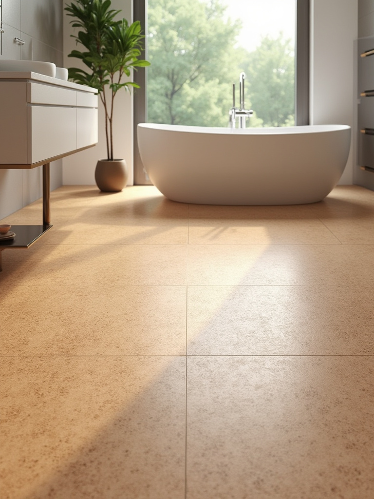 Warm cork flooring in a modern bathroom with a freestanding tub, highlighting sustainable and eco-friendly bathroom design.