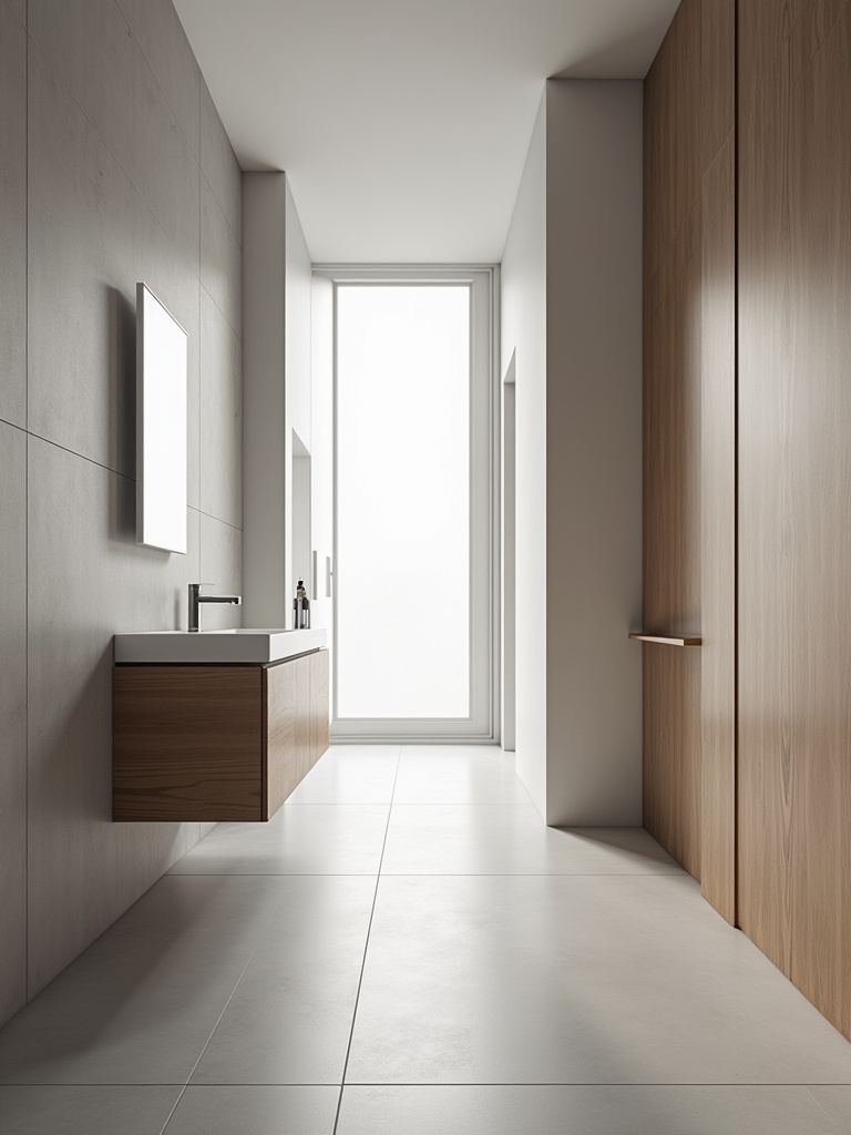 Modern bathroom with large format grey tiles extending seamlessly into an adjacent hallway, showing cohesive home style continuity.