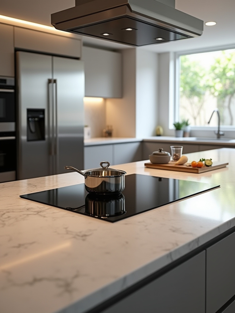 Modern kitchen with black inductive cooktop and stainless steel energy-efficient appliances, clean lines, minimalist design, for a contemporary home upgrade.