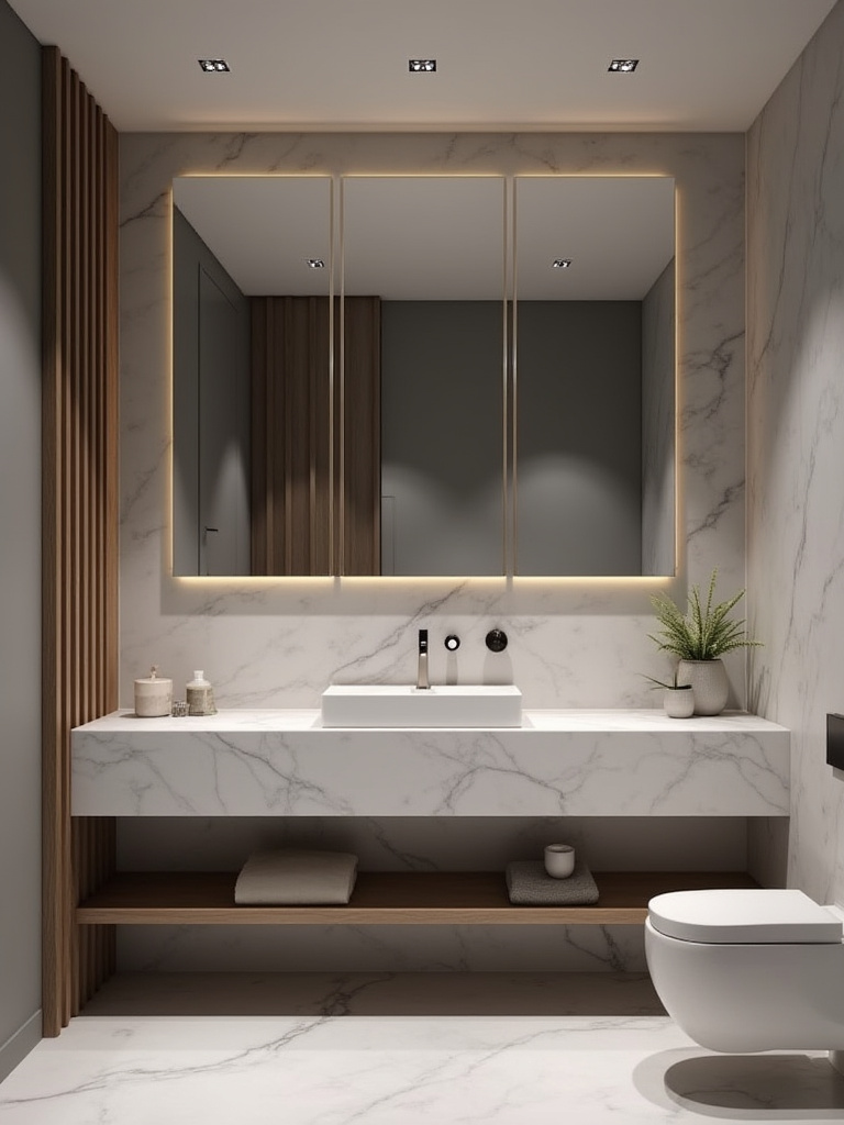 A contemporary bathroom featuring a frameless LED-backlit mirror above a minimalist vanity, illustrating a cohesive design aesthetic.