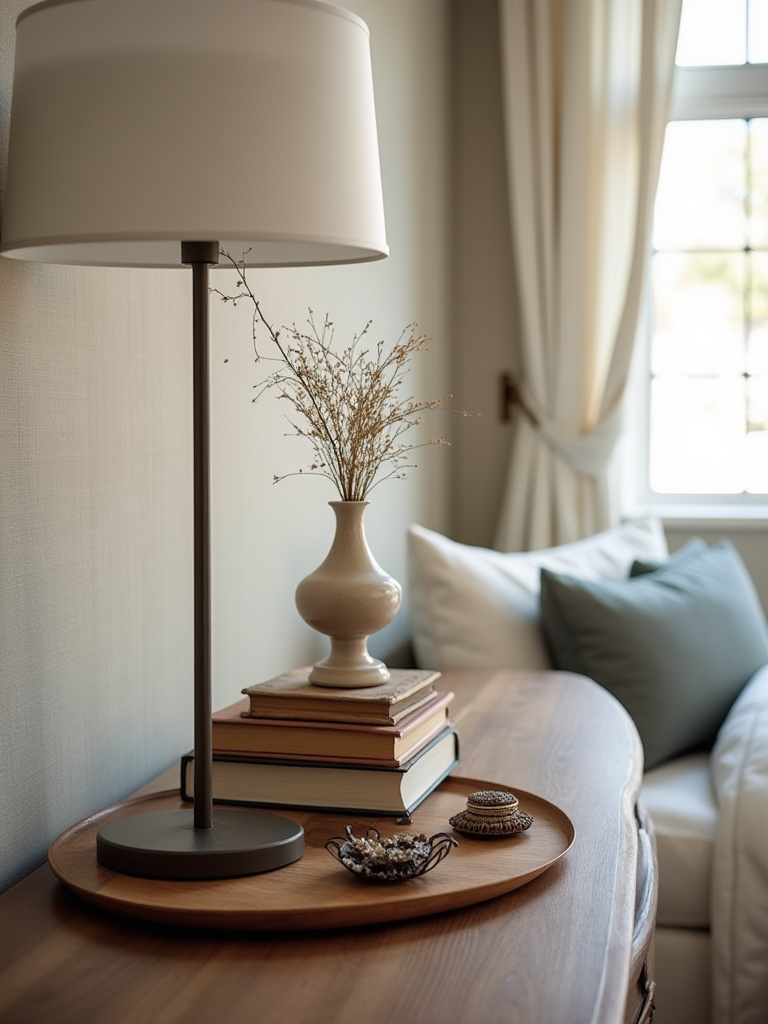 Styled dresser in a master bedroom with curated decor items, including a lamp, books, a ceramic vase, and personal trinkets, reflecting individual personality.