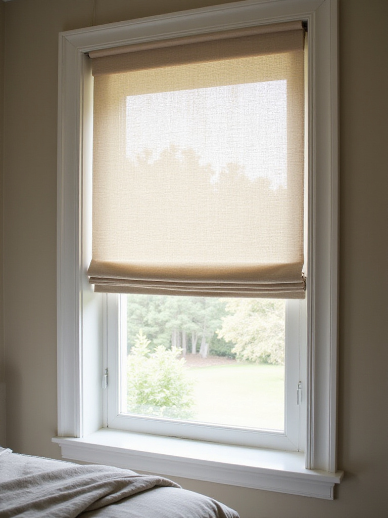 Elegant master bedroom with smart dual-layer sheer and blackout blinds, showing soft morning light filtering through.