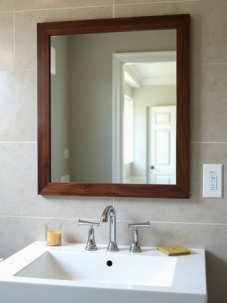 A stylish bathroom mirror flanked by modern floating shelves displaying succulents and candles, with a subtle abstract art piece, showcasing how to decorate around mirrors.