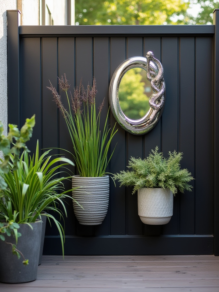 Close-up of a stylish outdoor privacy wall on a deck, featuring a reflective outdoor mirror, a metal sun sculpture, and mounted planters, enhancing the vertical space.