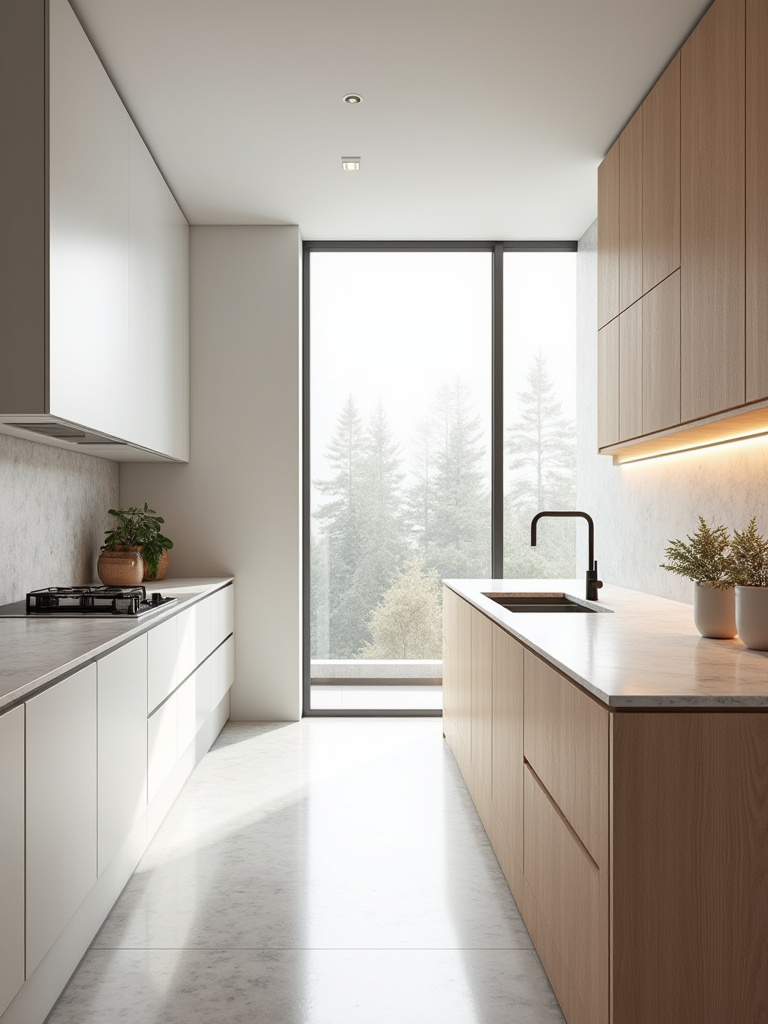 Split aesthetic modern kitchen showing sleek minimalist elements like white matte cabinetry and polished concrete juxtaposed with warm contemporary elements like natural oak and quartz countertops, illuminated by natural light.