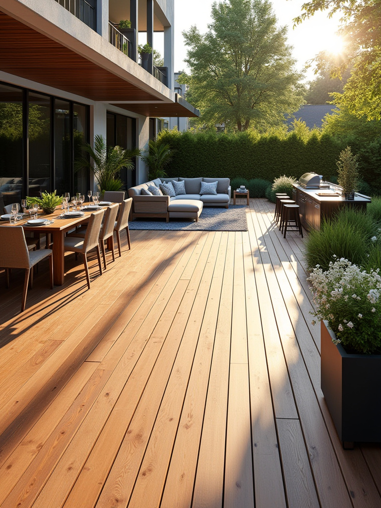 Spacious wooden deck with distinct dining, lounge, and grilling activity zones, delineated by furniture, rugs, and planters.