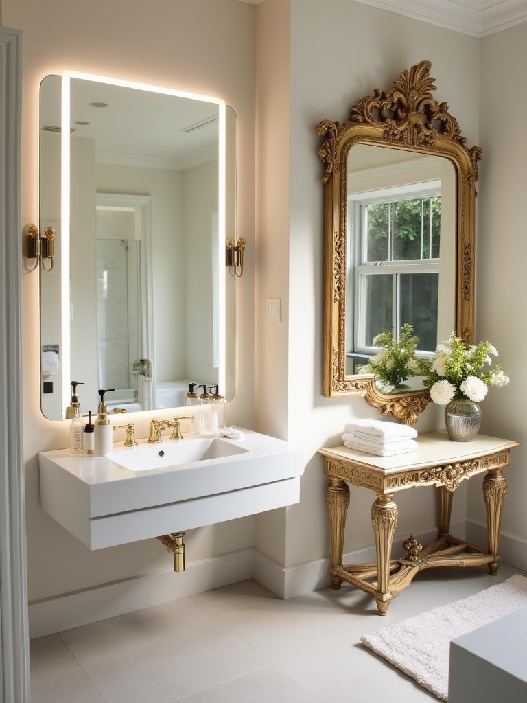 A bathroom mirror scene highlighting the choice between a mirror for grooming (brightly lit vanity) and a mirror for decor (ornate frame reflecting artwork), illustrating bathroom mirror function.