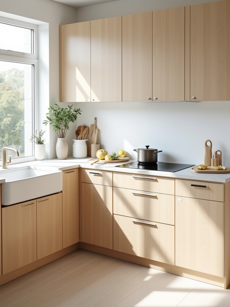 Minimalist Scandinavian kitchen interior designed for an efficient workflow, featuring light wood cabinets, white countertops, a seamlessly integrated prep area, and abundant natural light.