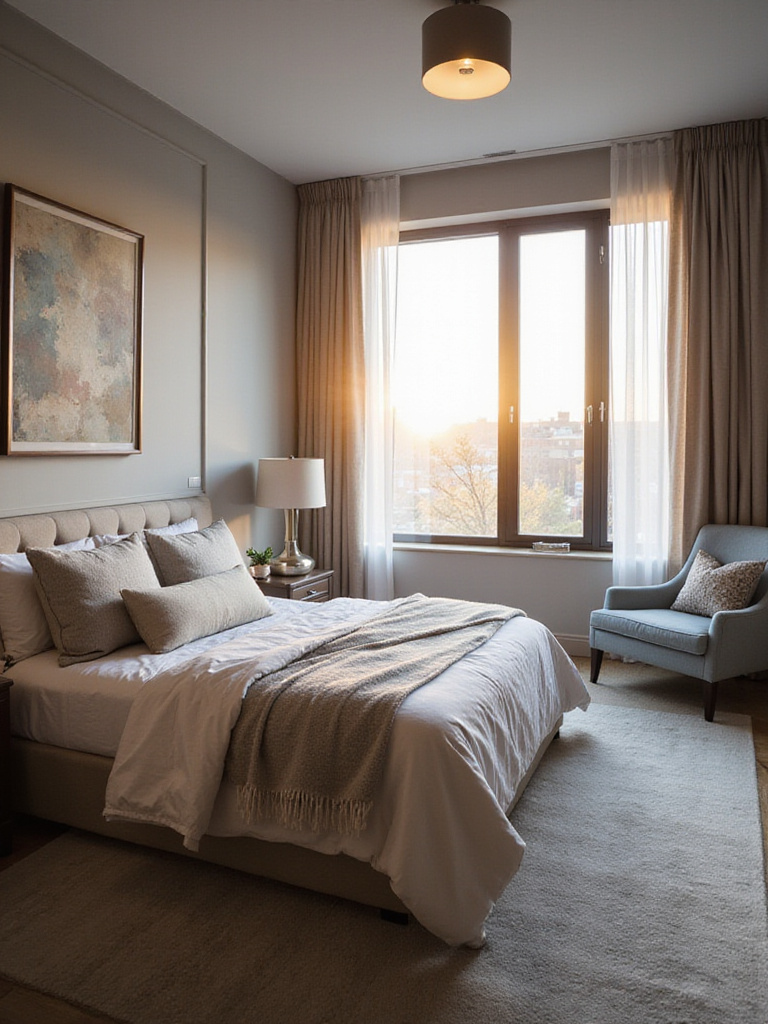 A design mood board for a master bedroom featuring fabric swatches, paint chips, and furniture images, representing a cohesive personal aesthetic.