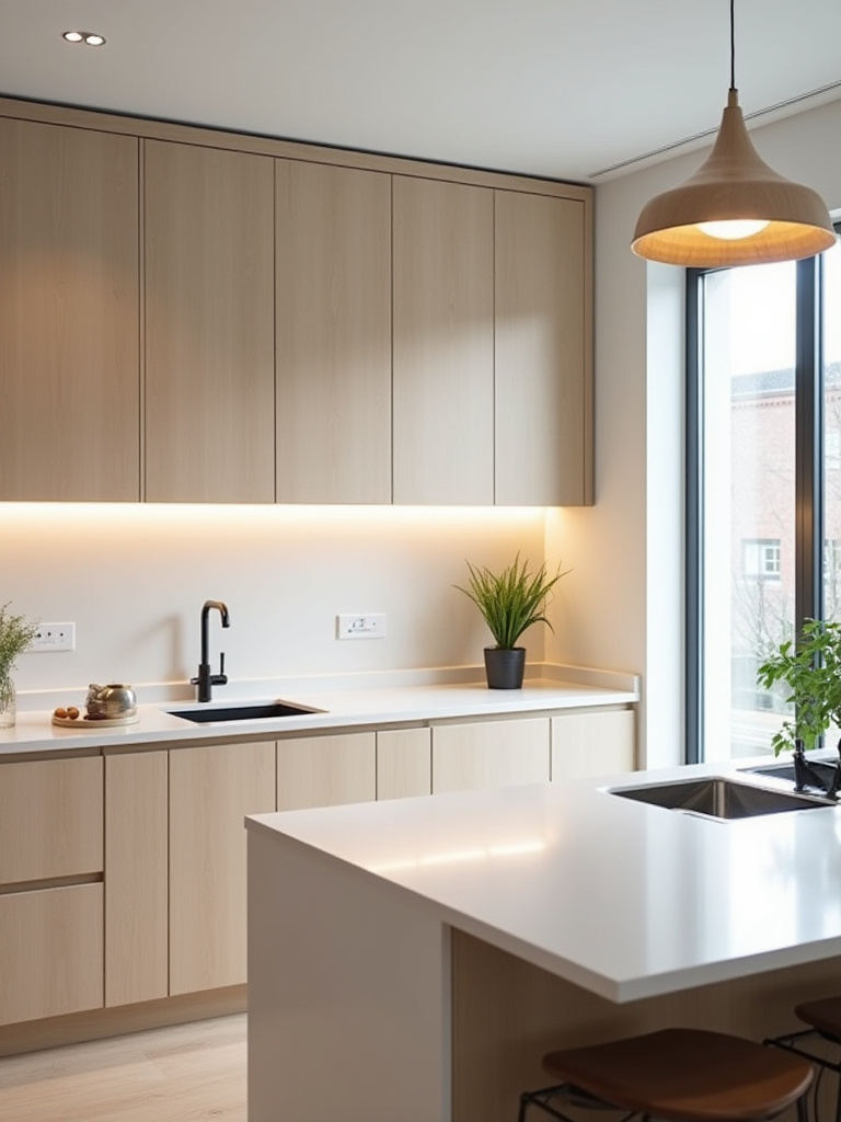 A minimalist Scandinavian kitchen showcasing perfectly layered lighting, with warm ambient lights, bright task lighting under cabinets, and an elegant pendant lamp over the island, creating a serene and functional space.