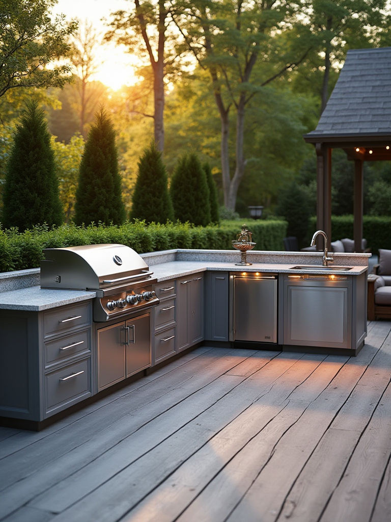 Luxurious L-shaped outdoor kitchen with built-in grill, sink, refrigerator, granite countertops, and modern cabinetry on a composite deck, illuminated by soft golden hour lighting, designed for seamless outdoor entertaining.