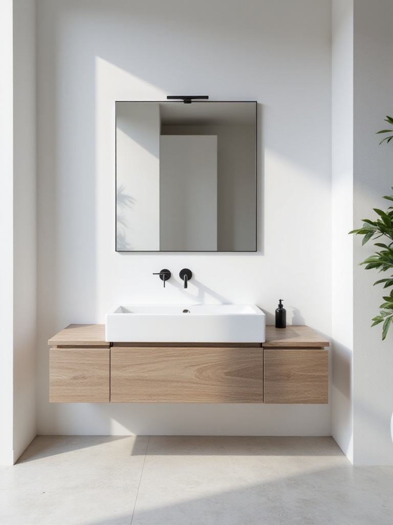 A perfectly placed rectangular bathroom mirror above a modern white floating vanity with a single minimalist sink, demonstrating optimal height and width for ergonomic comfort and balanced aesthetics. Soft, natural lighting.