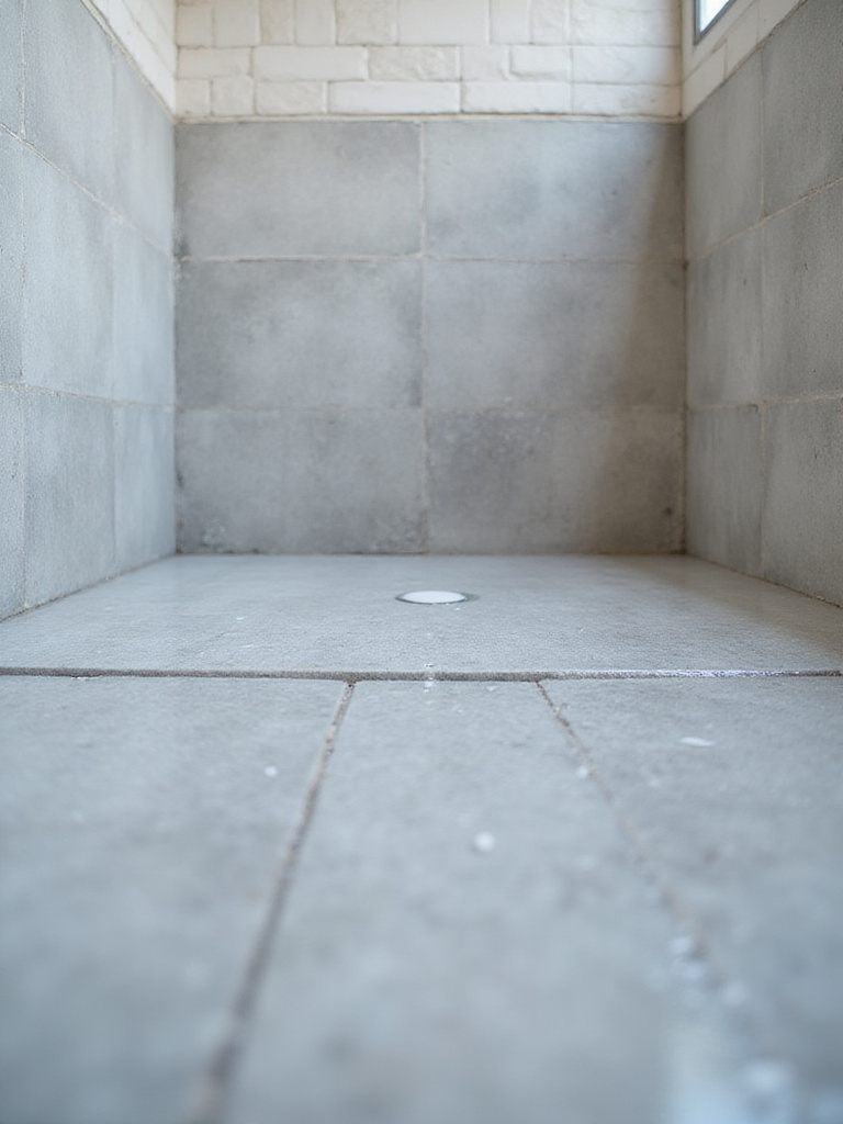 A close-up view of a shower floor and lower wall covered with a grey waterproofing membrane being installed, highlighting critical bathroom waterproofing for high-splash zones.