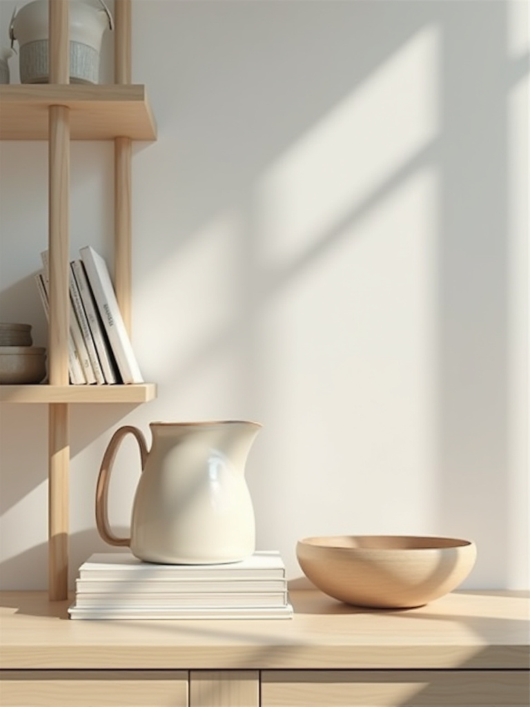 Close-up of curated decorative objects on a light wood open shelf in a minimalist Scandinavian kitchen. Featured items include a vintage ceramic pitcher, elegant cookbooks, and a wooden bowl, arranged with intentional negative space, bathed in natural light.