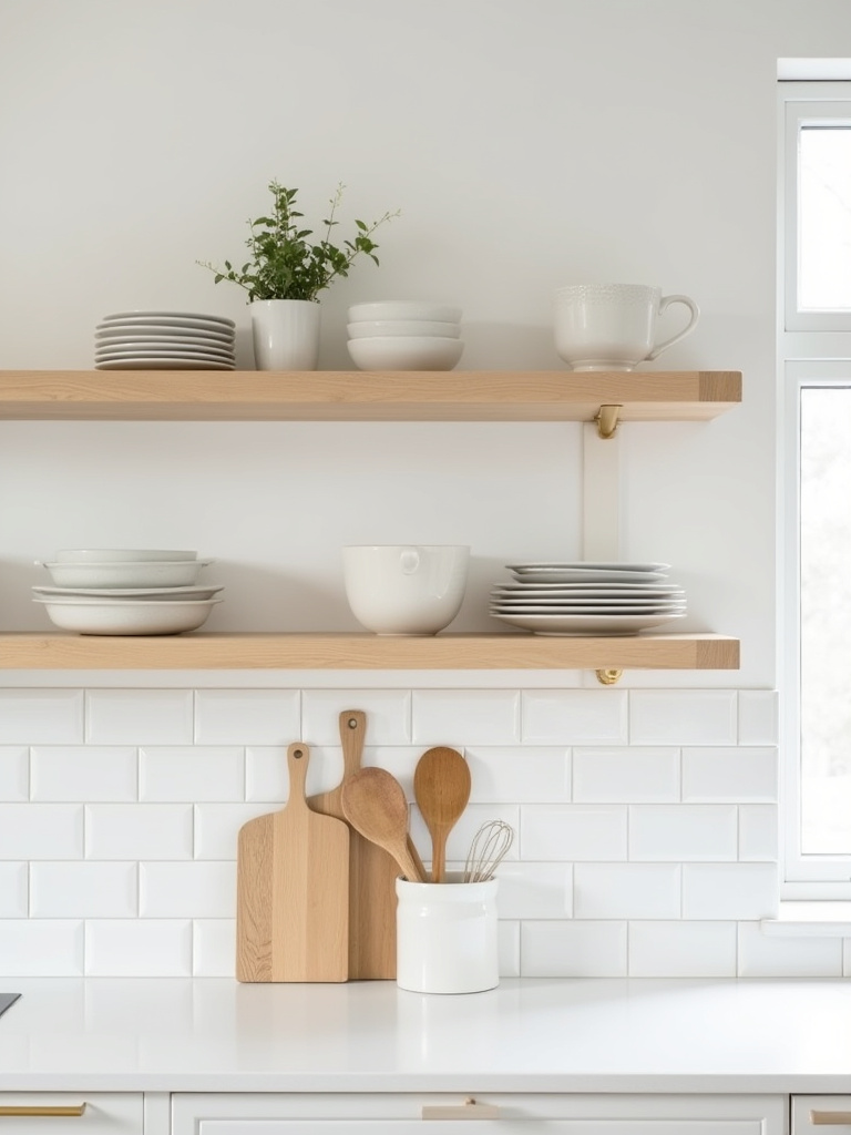 Minimalist open shelving in a bright Scandinavian kitchen, displaying white ceramic bowls, a potted herb, and wooden utensils against a white tiled backsplash, creating an airy and functional aesthetic.