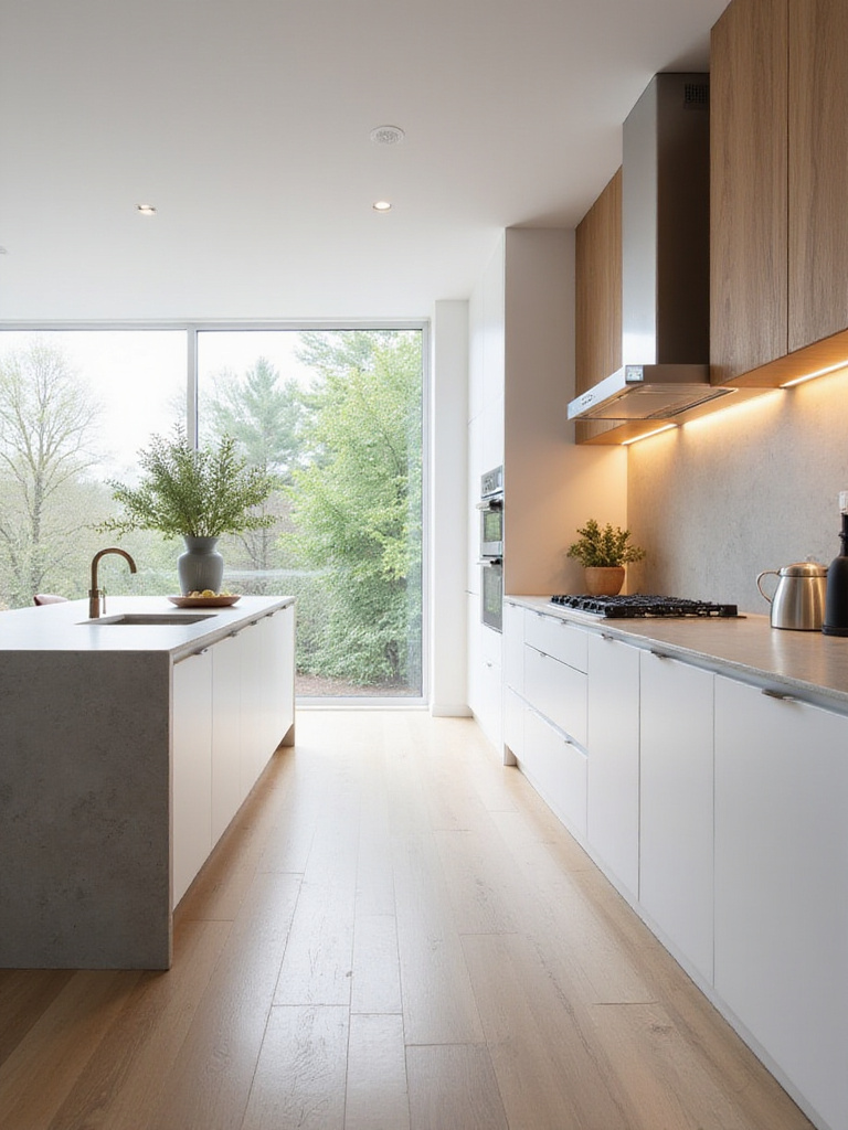 View of a modern open-concept kitchen flowing into a dining room and living area, featuring a large kitchen island, sleek cabinetry, natural light, and integrated design elements.