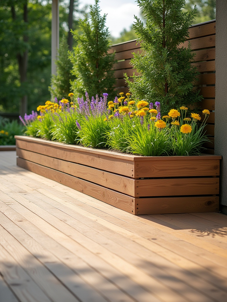 Deck with integrated composite bench seating and a long planter box filled with lush grasses and colorful flowers. Modern outdoor living space.