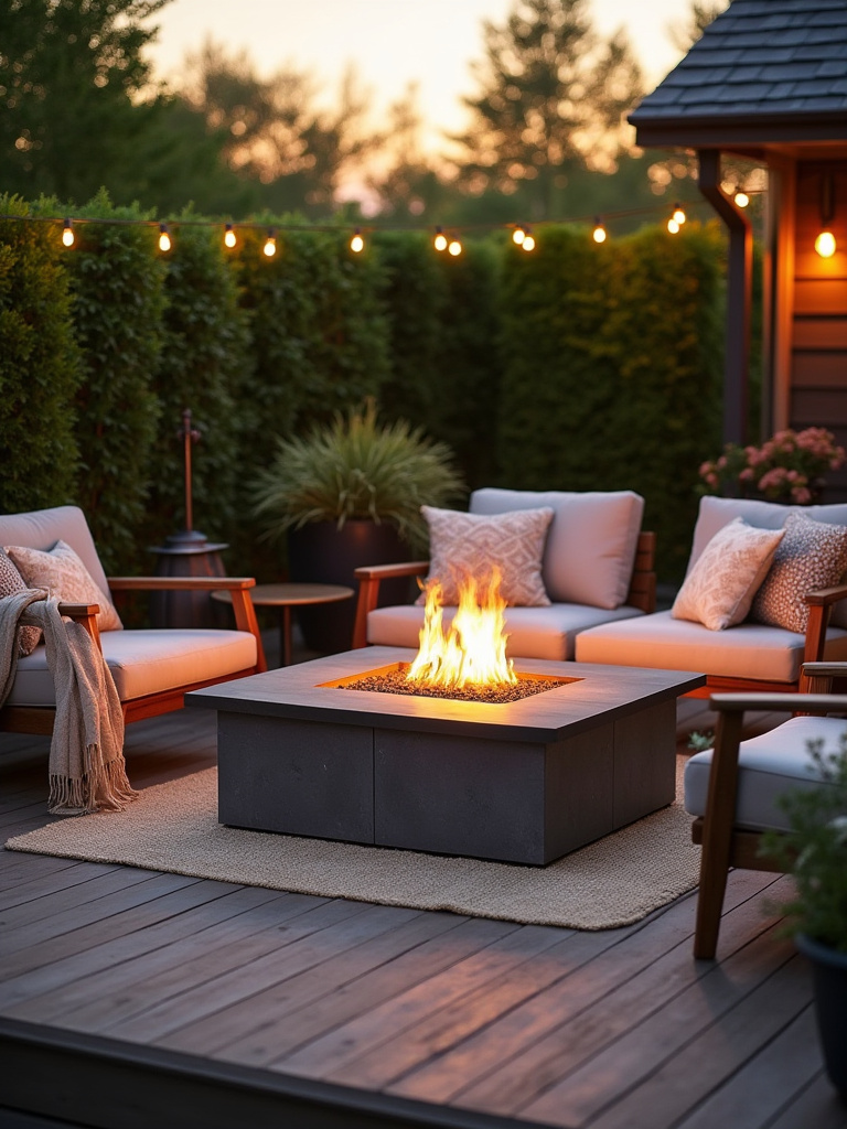 Modern gas fire pit on a wooden deck surrounded by comfortable outdoor seating, creating a warm and inviting cozy focal point. Evening ambiance with soft lighting.