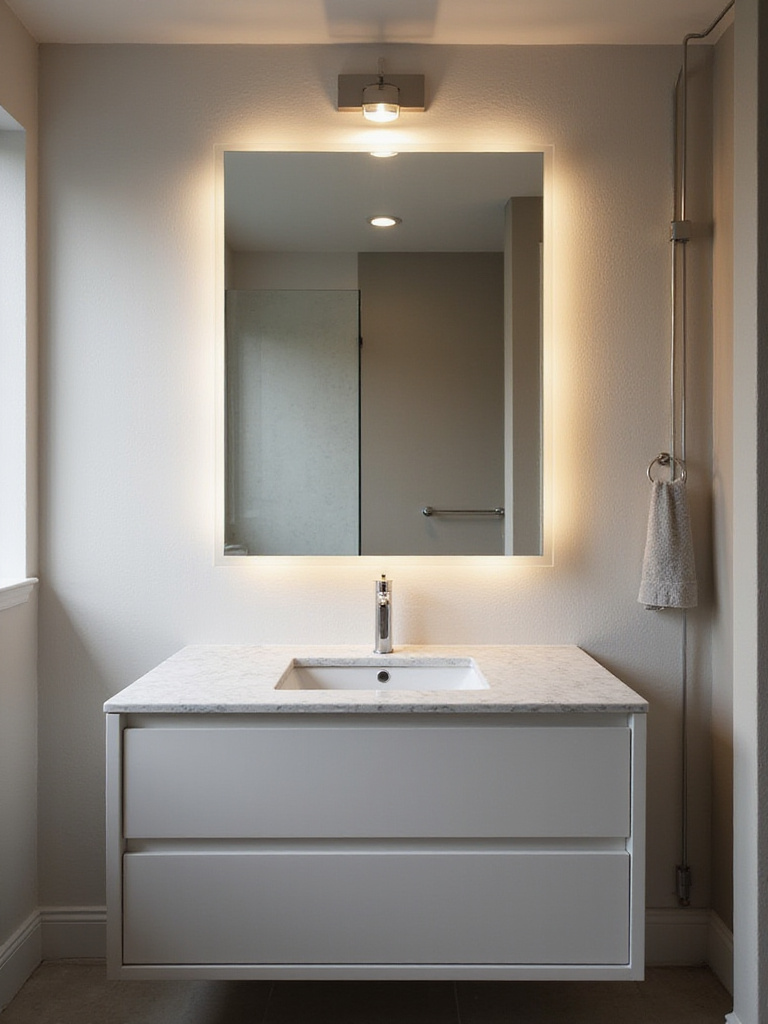 Modern bathroom vanity featuring a mirror, illuminated by a mix of natural window light and subtle overhead fixtures, demonstrating the effects of existing bathroom mirror lighting on reflections.