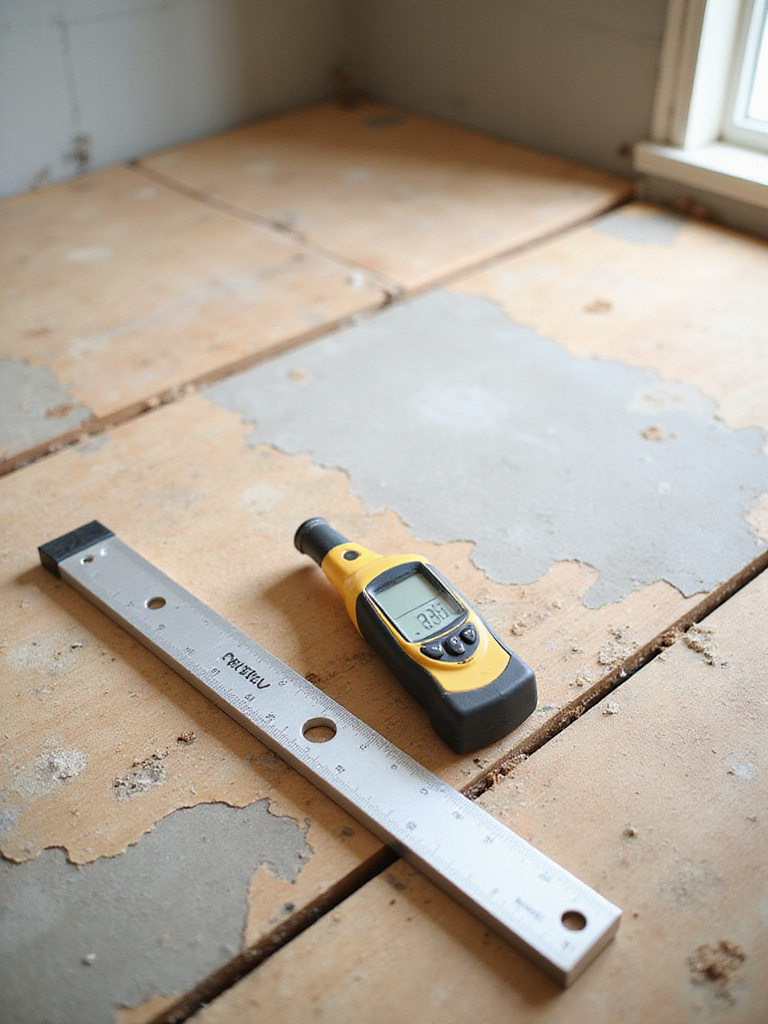 Close-up of a bathroom subfloor being inspected, showing a moisture meter on wood and a level on concrete, indicating thorough subfloor evaluation for stability and moisture before new flooring installation.