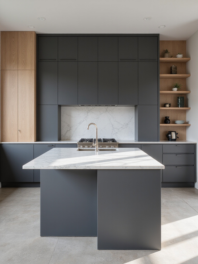 A modern kitchen showcasing contrasting textures with a matte dark charcoal island base, polished white marble countertop, and warm natural oak open shelving.