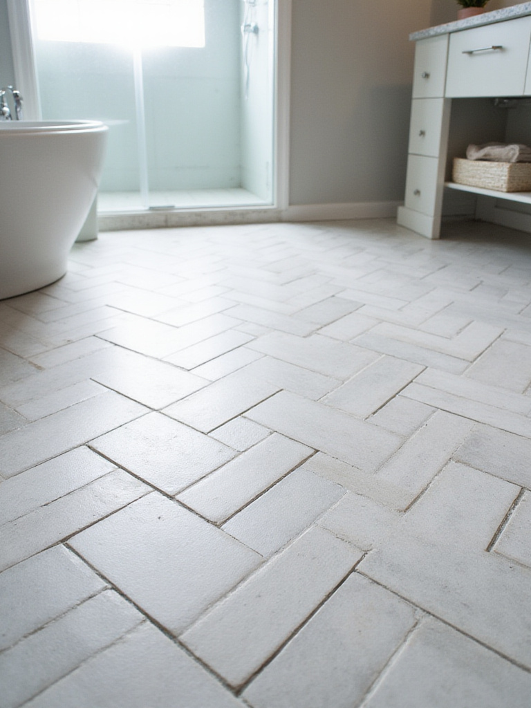 Close-up of a modern bathroom floor showcasing light gray porcelain tiles laid in a precise herringbone pattern, emphasizing the visual interest and sophisticated design for bathroom flooring.