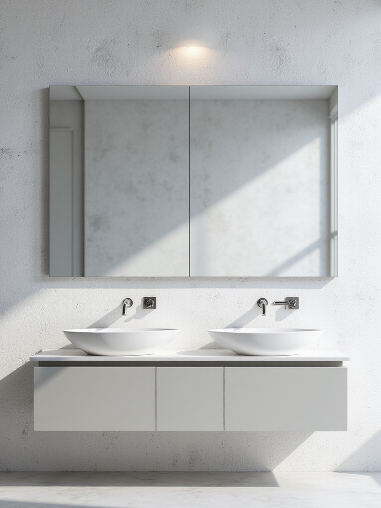 Frameless mirror in a minimalist modern bathroom, seamlessly integrated above a sleek vanity with clean lines and soft lighting, enhancing spatial perception.