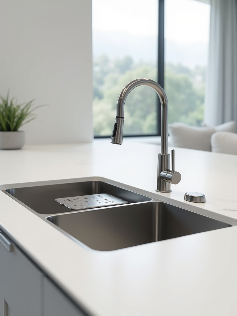 Modern kitchen sink with sleek, innovative touchless faucet and integrated workstation features. Contemporary design, efficient water usage. Item 16.