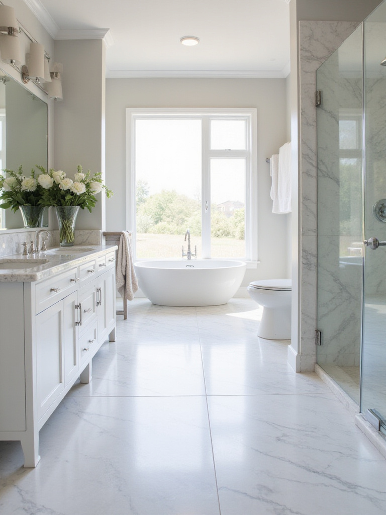 Elegant bathroom with honed Calacatta marble flooring showcasing luxurious natural stone. Features minimalist design, natural light, and high-end aesthetic.