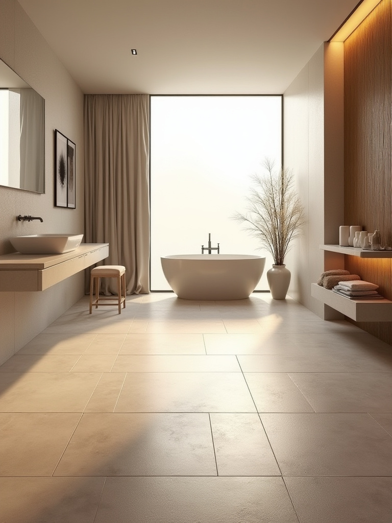 A luxurious bathroom with elegant large format tile flooring, illuminated by soft, inviting light, suggesting the comfortable warmth of a hidden radiant heat system.