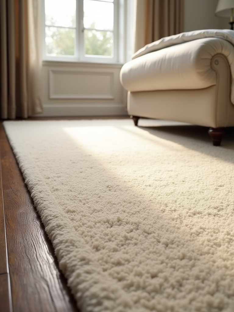 Cozy master bedroom with plush cream carpet underfoot, suggesting comfort and warmth. Elegant wooden floor detail visible near the doorway. Bright, inviting atmosphere.