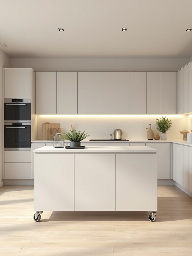 A modern kitchen interior showcasing modular cabinetry, a mobile island, and integrated design for future flexibility and adaptability.