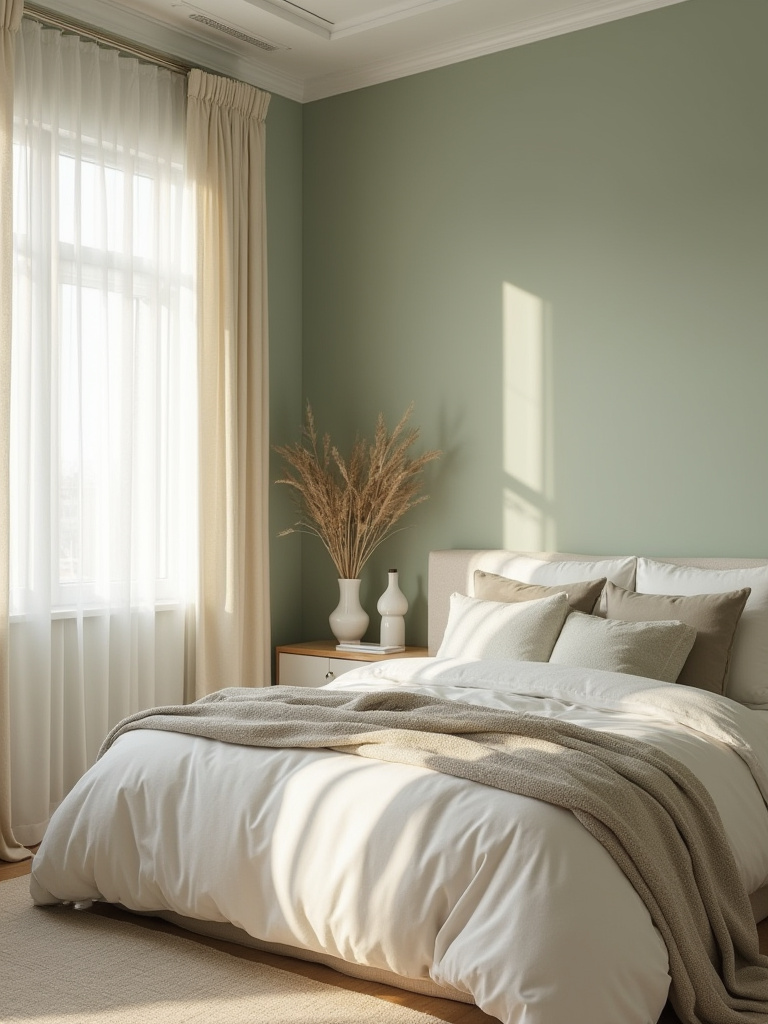 A tranquil master bedroom corner featuring muted sage green walls, creamy white bedding, and light wood accents, demonstrating a harmonious color palette for relaxation.