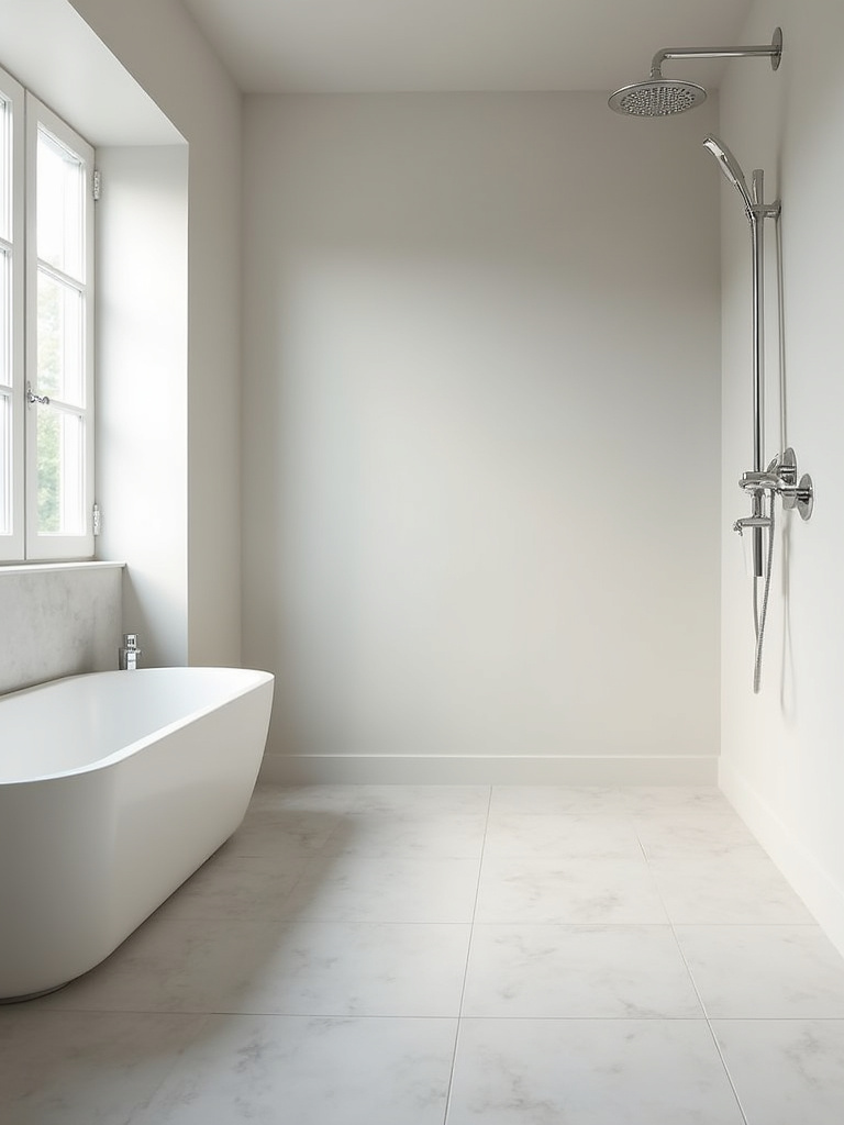 Modern bathroom featuring light grey porcelain tile floor, soft greige walls, and polished chrome fixtures, demonstrating cohesive color harmony.