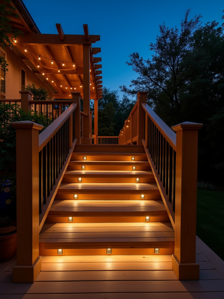 Deck with strategic outdoor lighting, recessed step lights, uplights on plants, and string lights at dusk