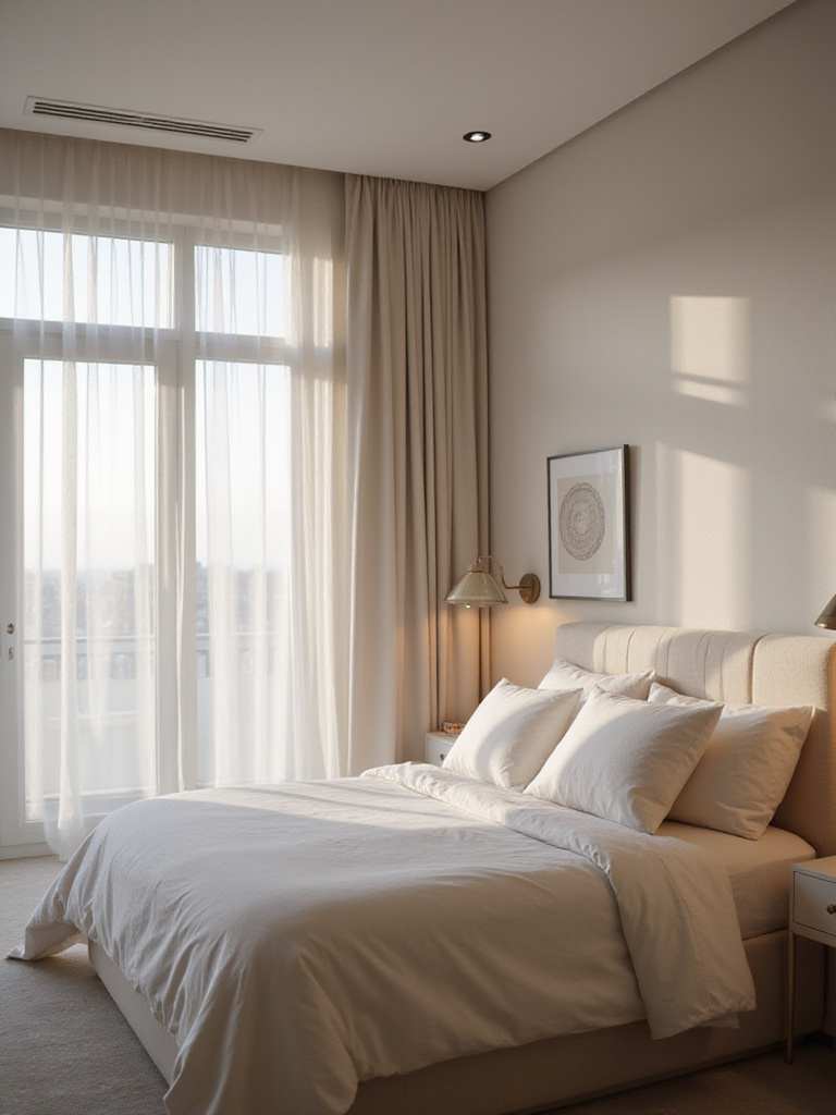 A modern master bedroom demonstrating strategic lighting design with ample natural light from windows and warm artificial light from recessed fixtures, bedside lamps, and accent sconces.