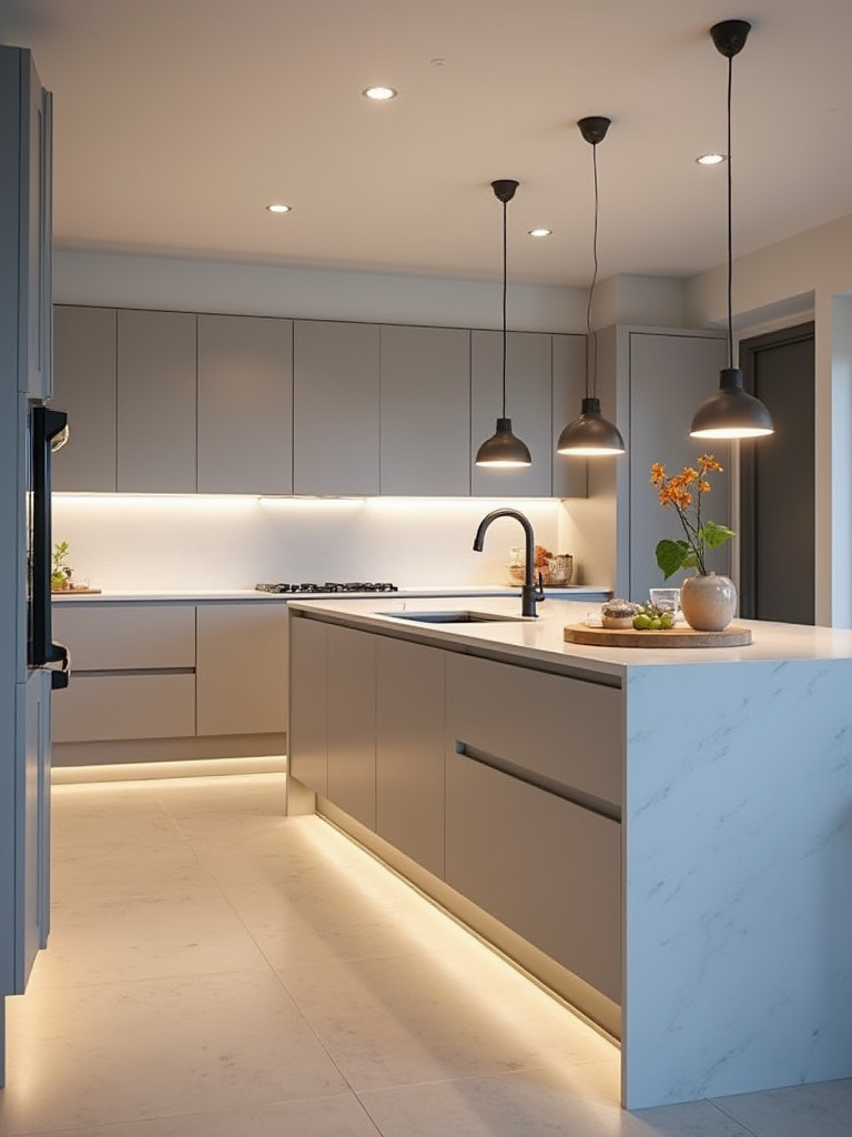 Modern kitchen with layered lighting featuring island pendants, under-cabinet strips, and recessed lights creating a functional and atmospheric space.