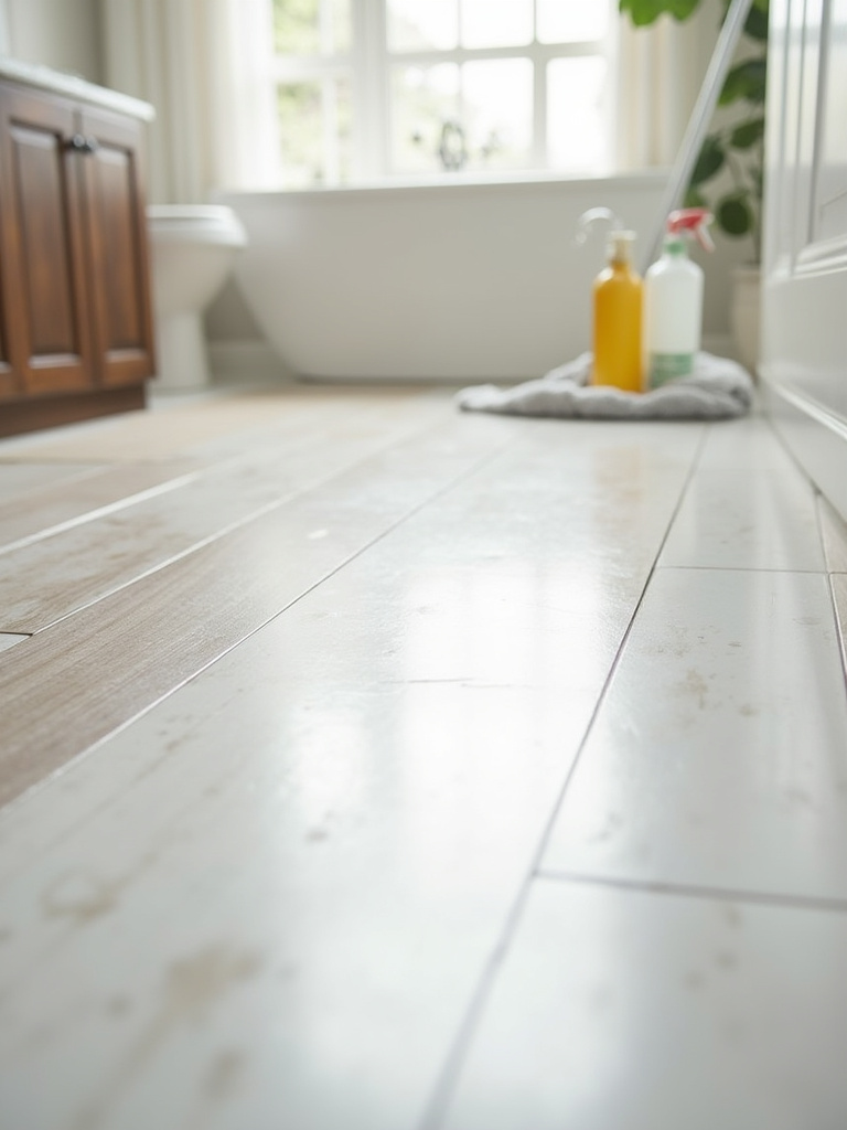A clean bathroom floor showcasing various flooring materials with gentle cleaning products and a microfiber mop, illustrating effective material-specific cleaning routines.