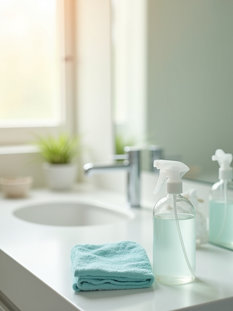 Close-up of a sparkling clean bathroom mirror in a modern bathroom, reflecting bright, natural light, with a folded microfiber cloth and a gentle cleaning spray bottle blurred in the foreground.