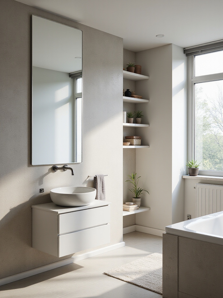 Modern bathroom with a large, frameless full-length mirror reflecting light and creating an illusion of expansive space.