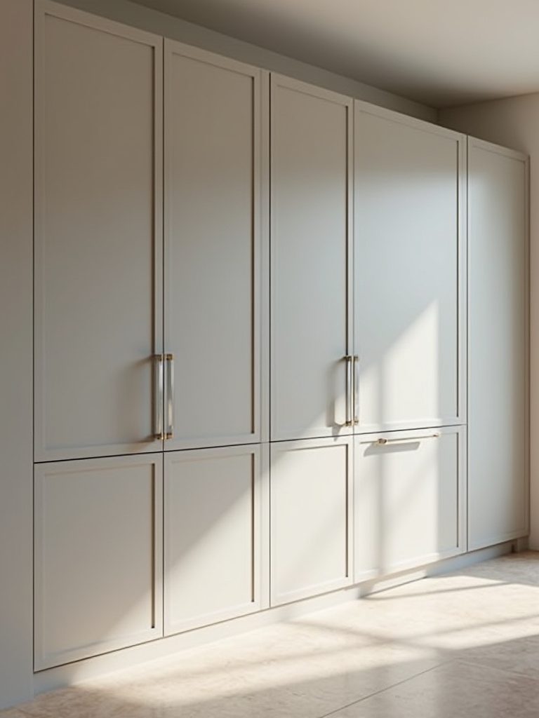 Sleek modern kitchen featuring custom white cabinetry with fully integrated refrigerator and dishwasher panels, creating a seamless and clutter-free aesthetic.