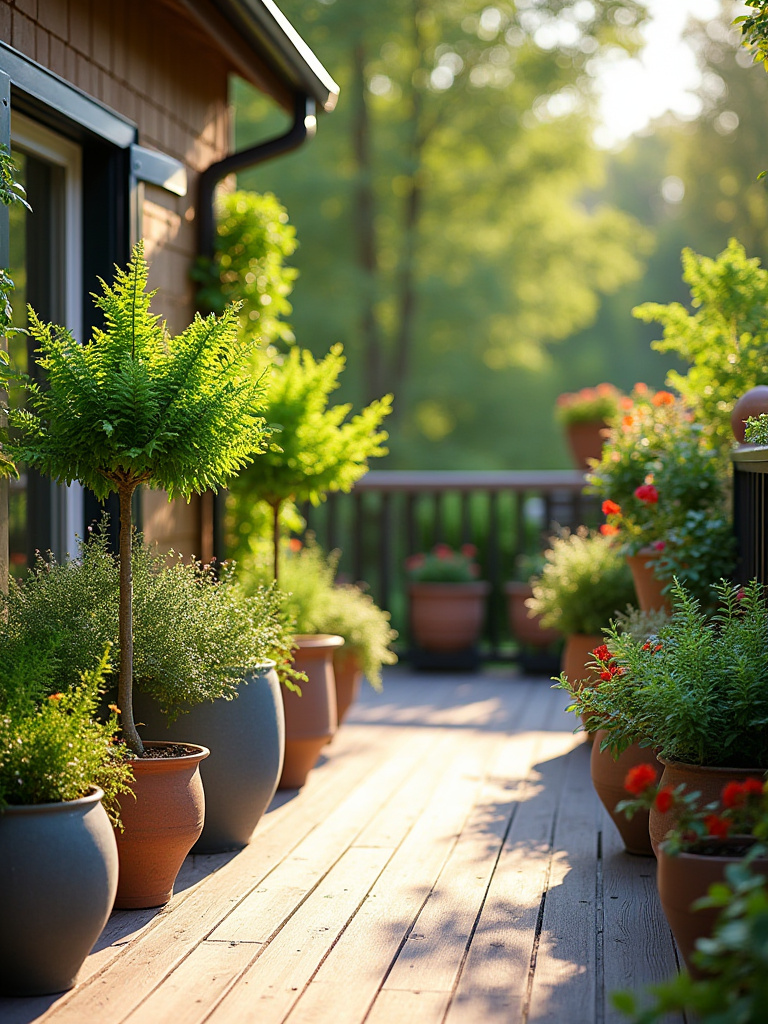 An inviting outdoor deck adorned with a variety of lush green plants in decorative planters, creating a vibrant and natural accent. The scene features different sized pots, ferns, and flowering annuals, transforming the space into a serene oasis.