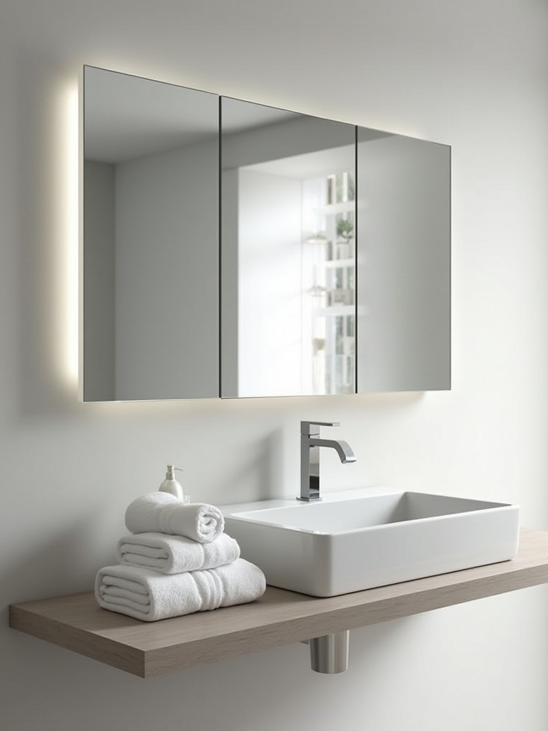 A modern bathroom featuring a single, frameless mirrored medicine cabinet above a floating vanity, showcasing hidden storage and a pristine, decluttered countertop.
