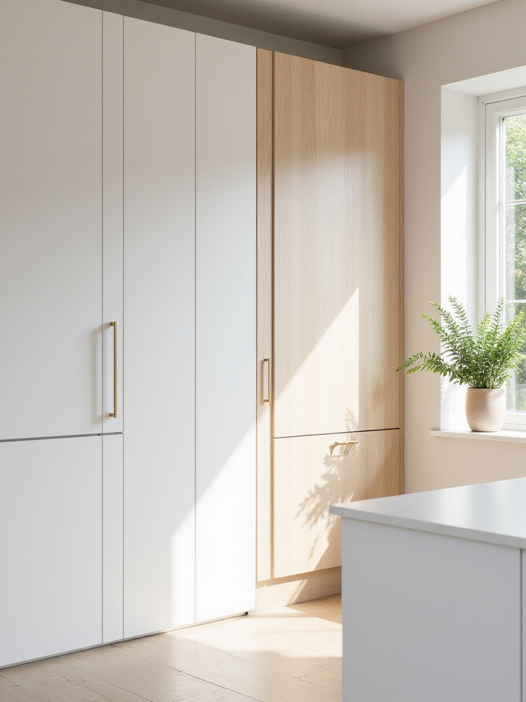 A bright Scandinavian kitchen featuring a wall of handle-less, light wood built-in cabinets that seamlessly conceal appliances and pantry items, promoting a clean, minimalist aesthetic.