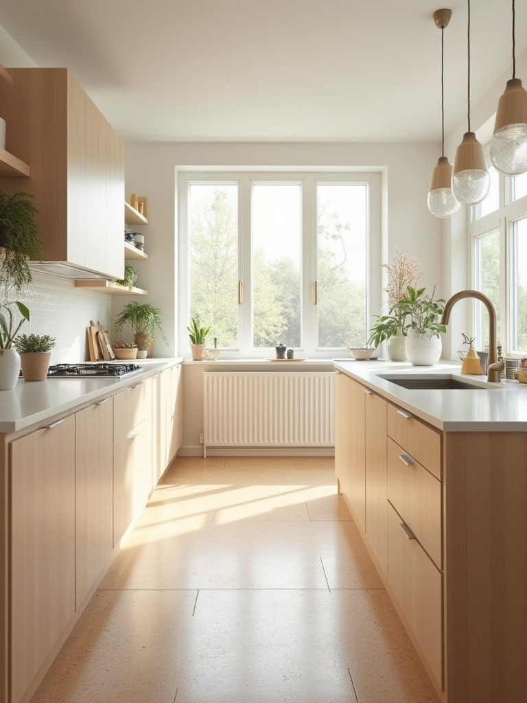 A serene Scandinavian kitchen showcasing sustainable design with light FSC-certified birch cabinets, recycled glass countertops, and natural cork flooring under soft natural light.