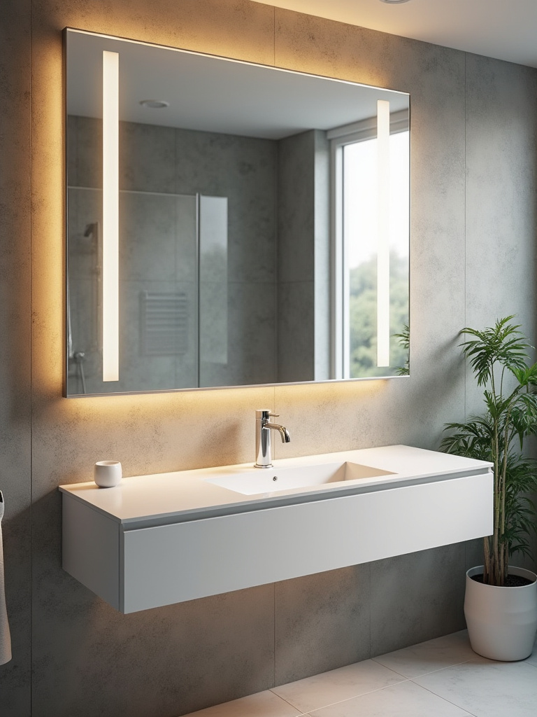 A perfectly clear bathroom mirror with an anti-fog heating element in a subtly steamy bathroom environment.