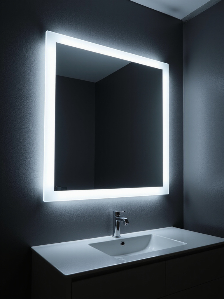 Modern bathroom with a large, wall-mounted backlit LED mirror emitting a soft, even glow above a sleek white vanity.