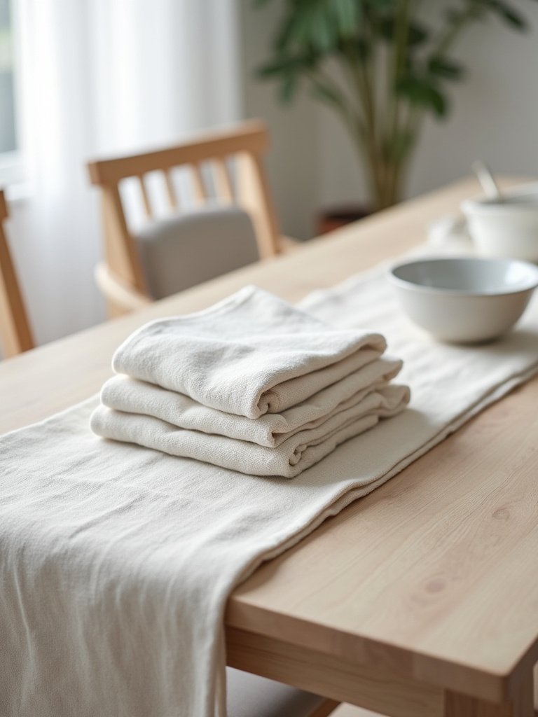 Scandinavian kitchen detail with folded linen tea towels, wool table runner, and cotton seat cushions, showcasing natural textiles for softness